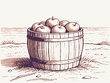 Decorative drawing: a barrel of apples with a wooden scoop. Not a photograph of this place.