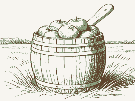 Decorative drawing: a barrel of apples with a wooden scoop. Not a photograph of this place.