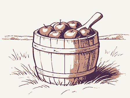 Decorative drawing: a barrel of apples with a wooden scoop. Not a photograph of this place.