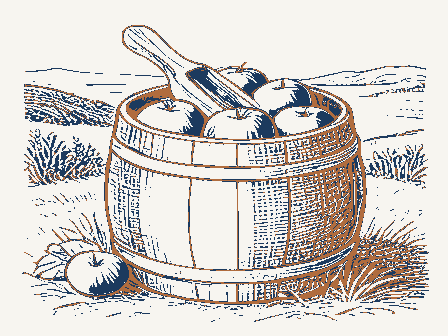 Decorative drawing: a barrel of apples with a wooden scoop. Not a photograph of this place.
