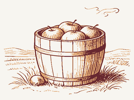 Decorative drawing: a barrel of apples with a wooden scoop. Not a photograph of this place.
