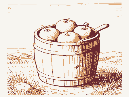 Decorative drawing: a barrel of apples with a wooden scoop. Not a photograph of this place.