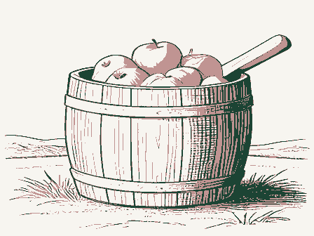 Decorative drawing: a barrel of apples with a wooden scoop. Not a photograph of this place.