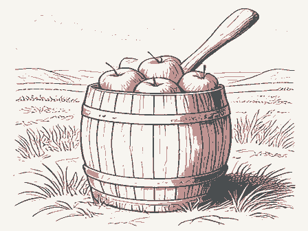 Decorative drawing: a barrel of apples with a wooden scoop. Not a photograph of this place.