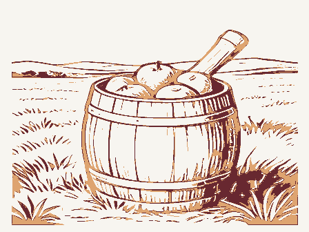 Decorative drawing: a barrel of apples with a wooden scoop. Not a photograph of this place.