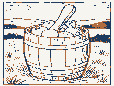 Decorative drawing: a barrel of apples with a wooden scoop. Not a photograph of this place.