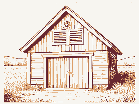 Decorative drawing: a smokehouse with a louvered gable and a hanging hook. Not a photograph of this place.