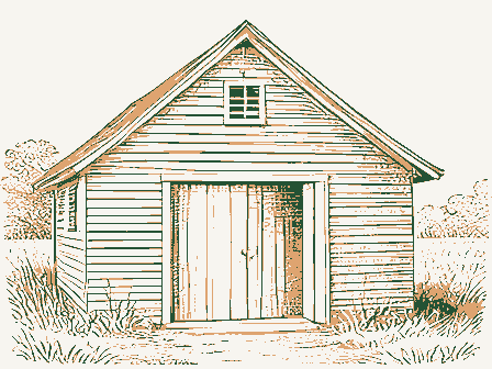 Decorative drawing: a smokehouse with a louvered gable and a hanging hook. Not a photograph of this place.