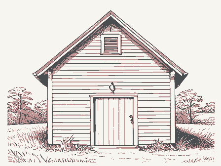 Decorative drawing: a smokehouse with a louvered gable and a hanging hook. Not a photograph of this place.