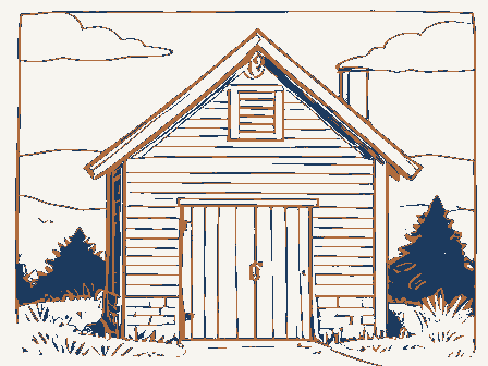 Decorative drawing: a smokehouse with a louvered gable and a hanging hook. Not a photograph of this place.