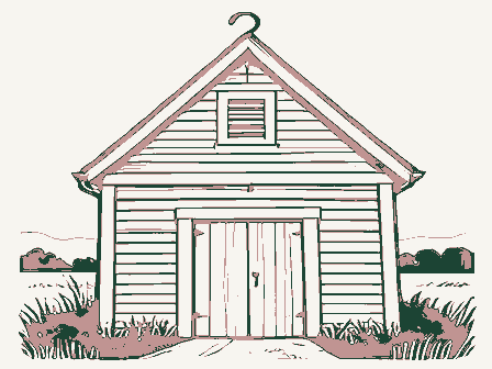 Decorative drawing: a smokehouse with a louvered gable and a hanging hook. Not a photograph of this place.