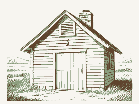 Decorative drawing: a smokehouse with a louvered gable and a hanging hook. Not a photograph of this place.