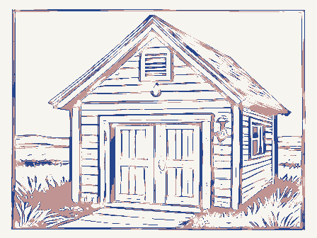 Decorative drawing: a smokehouse with a louvered gable and a hanging hook. Not a photograph of this place.