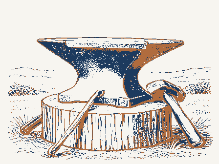 Decorative drawing: a blacksmith's anvil, its horn and square heel clearly shown, bolted to a timber block, with.... Not a photograph of this place.