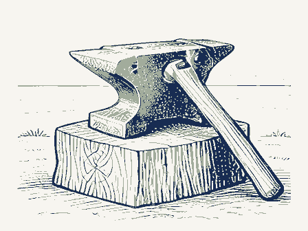 Decorative drawing: a blacksmith's anvil, its horn and square heel clearly shown, bolted to a timber block, with.... Not a photograph of this place.