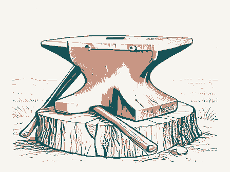 Decorative drawing: a blacksmith's anvil, its horn and square heel clearly shown, bolted to a timber block, with.... Not a photograph of this place.