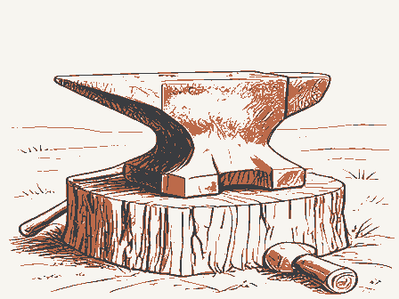 Decorative drawing: a blacksmith's anvil, its horn and square heel clearly shown, bolted to a timber block, with.... Not a photograph of this place.