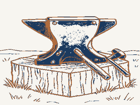 Decorative drawing: a blacksmith's anvil, its horn and square heel clearly shown, bolted to a timber block, with.... Not a photograph of this place.
