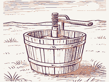 Decorative drawing: a cider press with a screw and a slatted basket. Not a photograph of this place.