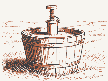 Decorative drawing: a cider press with a screw and a slatted basket. Not a photograph of this place.