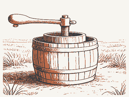 Decorative drawing: a cider press with a screw and a slatted basket. Not a photograph of this place.