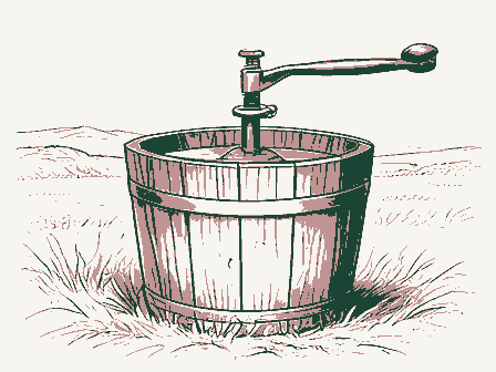 Decorative drawing: a cider press with a screw and a slatted basket. Not a photograph of this place.