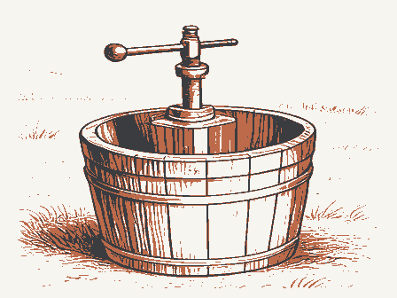 Decorative drawing: a cider press with a screw and a slatted basket. Not a photograph of this place.