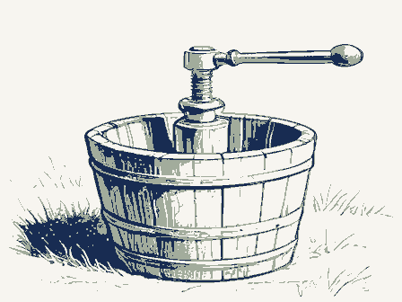 Decorative drawing: a cider press with a screw and a slatted basket. Not a photograph of this place.