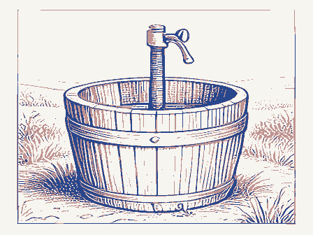 Decorative drawing: a cider press with a screw and a slatted basket. Not a photograph of this place.