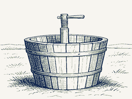 Decorative drawing: a cider press with a screw and a slatted basket. Not a photograph of this place.