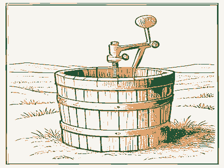 Decorative drawing: a cider press with a screw and a slatted basket. Not a photograph of this place.