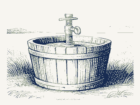 Decorative drawing: a cider press with a screw and a slatted basket. Not a photograph of this place.
