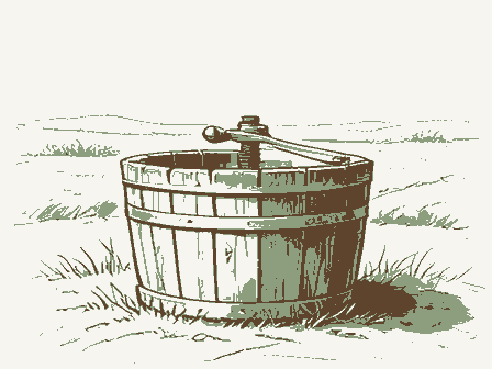 Decorative drawing: a cider press with a screw and a slatted basket. Not a photograph of this place.