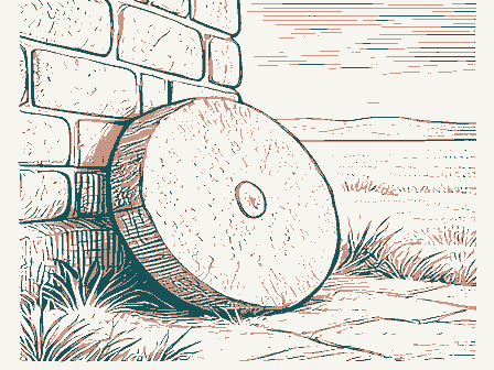 Decorative drawing: a millstone leaning against a stone wall. Not a photograph of this place.