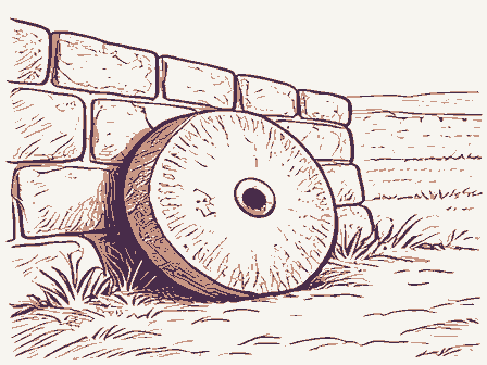 Decorative drawing: a millstone leaning against a stone wall. Not a photograph of this place.