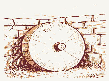 Decorative drawing: a millstone leaning against a stone wall. Not a photograph of this place.