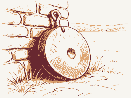 Decorative drawing: a millstone leaning against a stone wall. Not a photograph of this place.