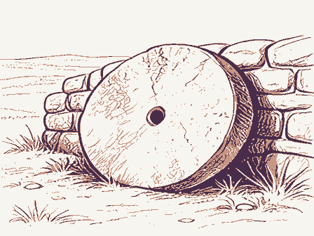 Decorative drawing: a millstone leaning against a stone wall. Not a photograph of this place.