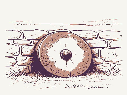 Decorative drawing: a millstone leaning against a stone wall. Not a photograph of this place.