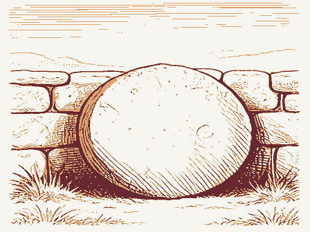 Decorative drawing: a millstone leaning against a stone wall. Not a photograph of this place.