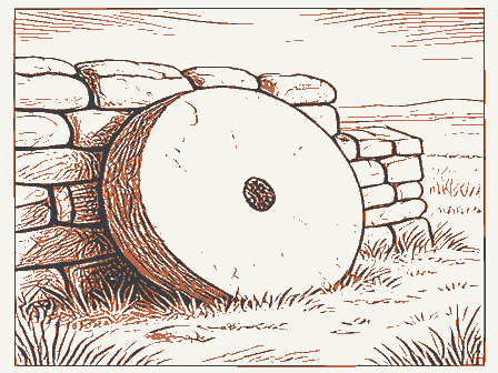 Decorative drawing: a millstone leaning against a stone wall. Not a photograph of this place.
