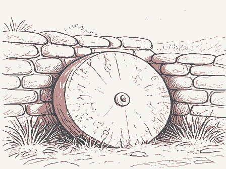Decorative drawing: a millstone leaning against a stone wall. Not a photograph of this place.