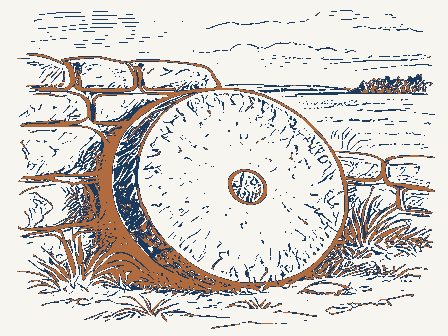 Decorative drawing: a millstone leaning against a stone wall. Not a photograph of this place.