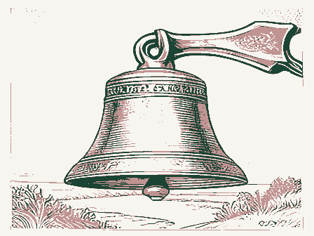 Decorative drawing: a cast-iron school bell on a yoke with a rope. Not a photograph of this place.
