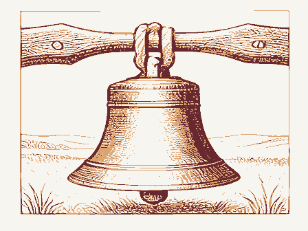 Decorative drawing: a cast-iron school bell on a yoke with a rope. Not a photograph of this place.