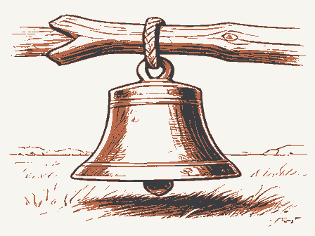 Decorative drawing: a cast-iron school bell on a yoke with a rope. Not a photograph of this place.