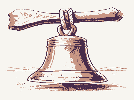 Decorative drawing: a cast-iron school bell on a yoke with a rope. Not a photograph of this place.