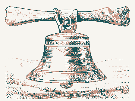 Decorative drawing: a cast-iron school bell on a yoke with a rope. Not a photograph of this place.