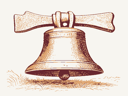 Decorative drawing: a cast-iron school bell on a yoke with a rope. Not a photograph of this place.