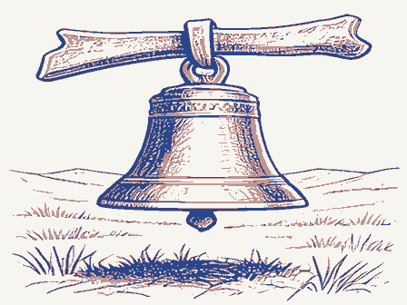 Decorative drawing: a cast-iron school bell on a yoke with a rope. Not a photograph of this place.
